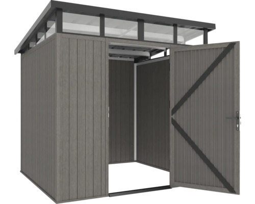 Gartengerätehaus mit geöffneter Tür für Gartengeräte und Werkzeuge