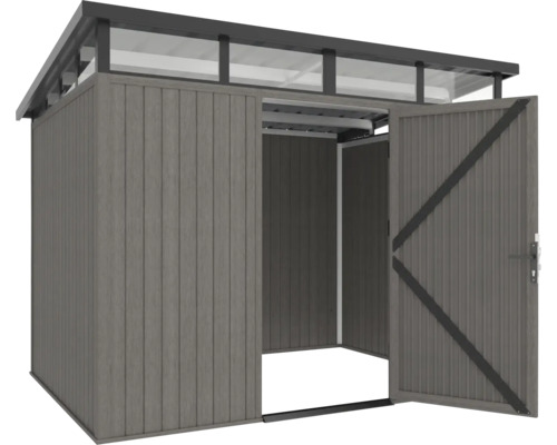 Gartenhaus mit geöffneter Tür.