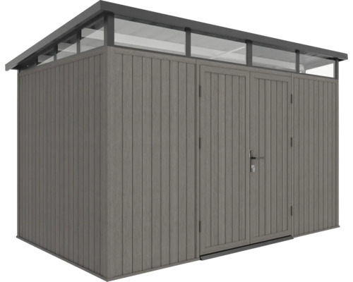 Abri de jardin gris avec double porte et lanterneau