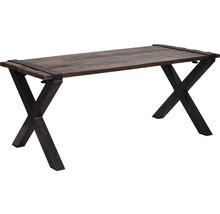 Table avec plateau en bois et pieds en métal en forme de X