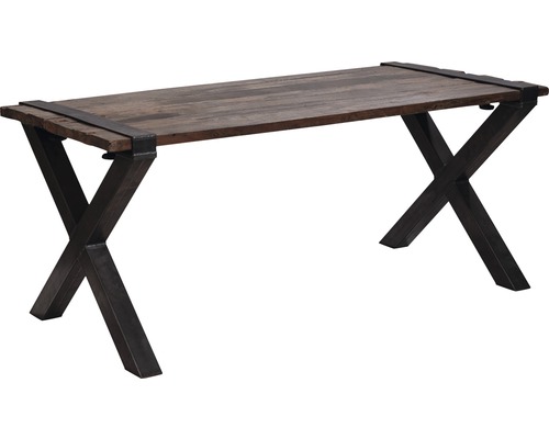 Table avec plateau en bois et pieds en métal en forme de X