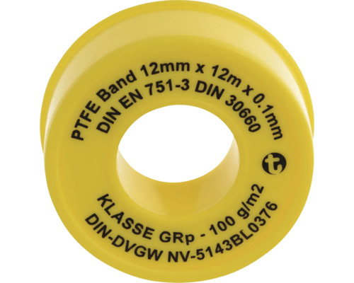Gelbes Dichtungsband aus Polytetrafluorethylen mit den Massen 12 mm x 12 m x 0,1 mm