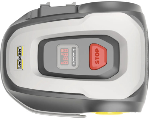 Robot tondeuse Landxcape avec panneau de commande et bouton d'arrêt