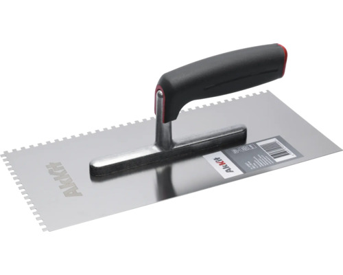 Akkit Glättekelle Edelstahl mit Softgriff E4 gezahnt 280 mm x 130 mm x 0,7 mm Zahnspachtel mit schwarzem Griff