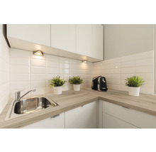 Helle Küche mit Spüle, Arbeitsplatte und Küchengeräten