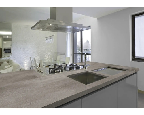 Moderne Küche mit Kochfeld, Spüle und Dunstabzugshaube