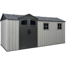 Abri de jardin avec double porte et deux fenêtres.