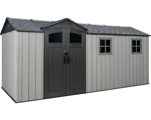 Abri de jardin avec double porte et deux fenêtres.