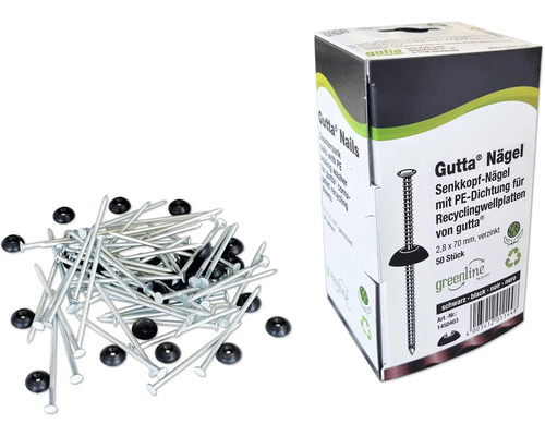 Clous Gutta Super-S pour plaques ondulées 2,8x70 mm paquet = 50 pces Clous à tête fraisée Gutta avec joint PE pour plaques ondulées de recyclage, 2,8 x 70 mm, galvanisés, 50 pièces