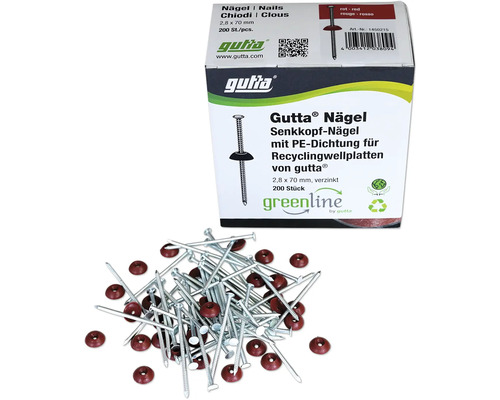 Gutta Super-S Nägel für Dachplatte rot 2,8 x 70 mm Pack = 200 St Gutta Nägel Senkkopf mit PE-Dichtung für Recyclingwellplatten, 2,8 x 70 mm, 200 Stück, verzinkt