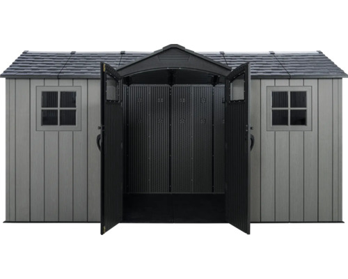 Abri de jardin avec portes et fenêtres ouvertes