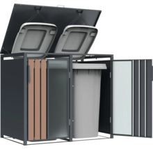 Cache-poubelle pour deux poubelles avec couvercle et portes ouverts