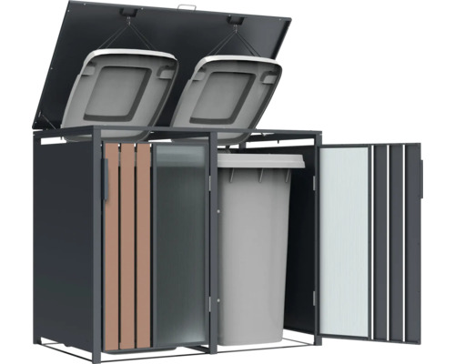 Cache-poubelle pour deux poubelles avec couvercle et portes ouverts