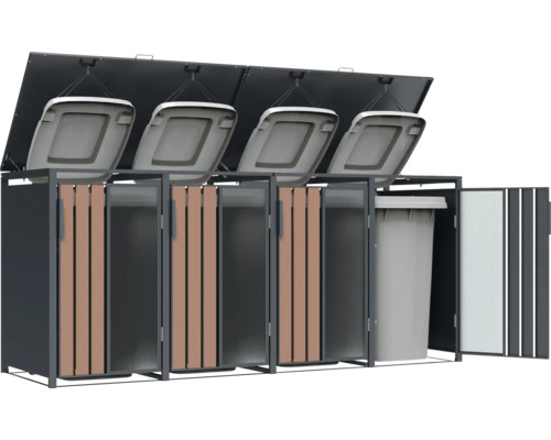 Cache-poubelle pour quatre poubelles avec couvercle rabattable et porte