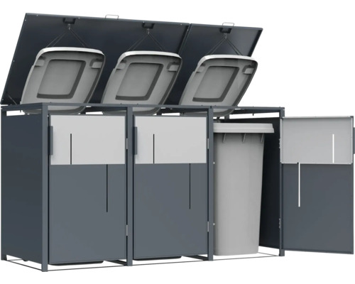 Abri poubelle avec trois conteneurs pour le tri des déchets