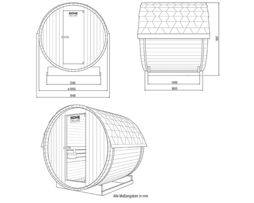 Technische Zeichnung einer Fasssauna mit Massangaben