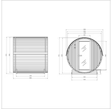 Technische Zeichnung einer Fasssauna mit Massangaben