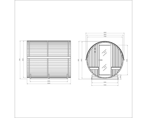 Technische Zeichnung einer Fasssauna mit Maßangaben.