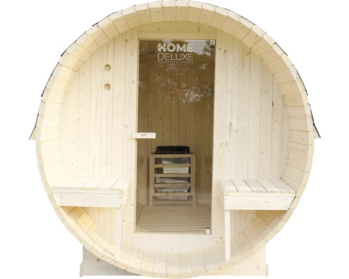 Fasssauna mit Glastür und Bänken