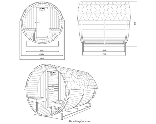 Technische Zeichnung einer Fasssauna mit Maßangaben