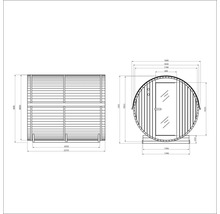 Technische Zeichnung einer Fasssauna mit Massangaben