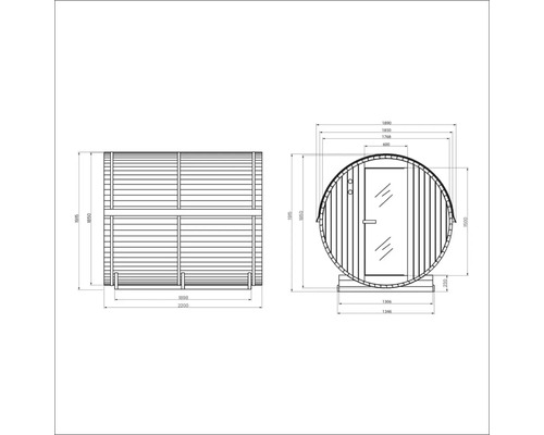 Technische Zeichnung einer Fasssauna mit Massangaben