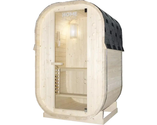 Fasssauna mit Glastür und Dachschindeln