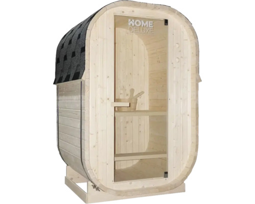 Fasssauna mit Glastür und Dachschindeln