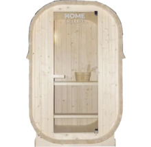 Sauna aus Holz mit Glastür und Home Deluxe Logo