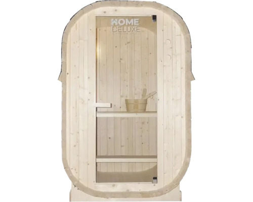 Sauna aus Holz mit Glastür und Home Deluxe Logo