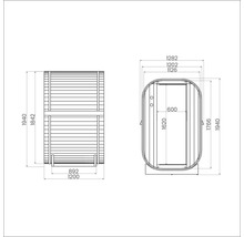 Technische Zeichnung einer Sauna mit Maßangaben