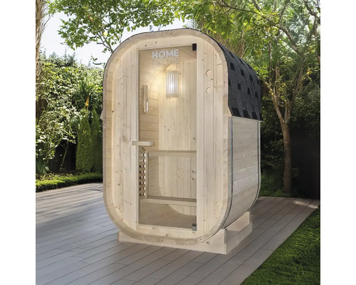 Sauna aus Holz mit Glastür und Dachpappe im Garten.