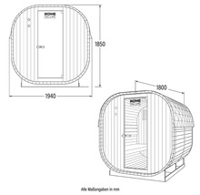 Technische Zeichnung einer Fasssauna mit Massangaben