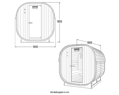 Technische Zeichnung einer Fasssauna mit Massangaben