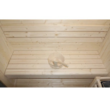 Innenansicht einer Sauna mit Holzwand und Holzeimer