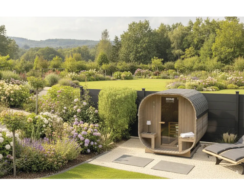 Garten mit Fasssauna und bepflanztem Beet