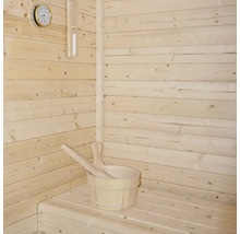 Holzsauna mit Holzeimer, Schöpfkelle, Sanduhr und Thermometer