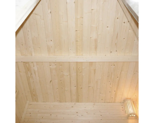 Holzwand und Decke eines Hauses mit Holzbalken