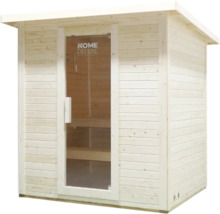 Holzsauna mit Glastür und Home Deluxe Logo