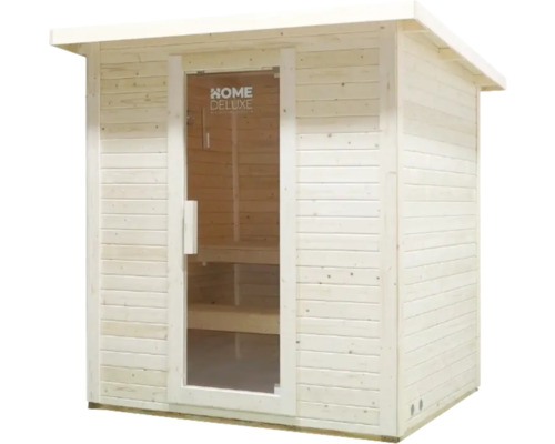 Holzsauna mit Glastür und Home Deluxe Logo