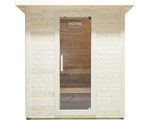 Sauna aus Holz mit Glastür und Home Deluxe Logo