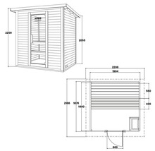 Technische Zeichnung einer Sauna mit Maßangaben