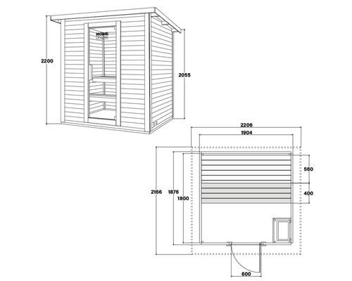 Technische Zeichnung einer Sauna mit Maßangaben