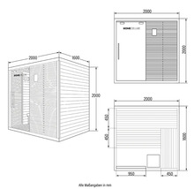 Technische Zeichnung einer Home Deluxe Sauna mit Maßangaben in Millimetern
