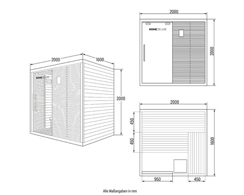Technische Zeichnung einer Home Deluxe Sauna mit Maßangaben in Millimetern