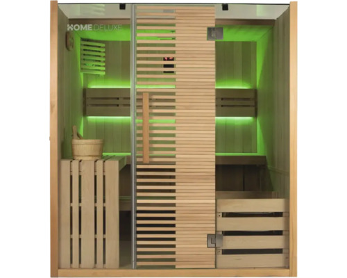 Sauna mit Holzbänken, Holzeimer und Glastür