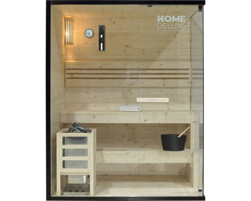 Holzsauna mit Saunaofen, Aufgusseimer, Kelle, Sanduhr, Thermometer und Hygrometer