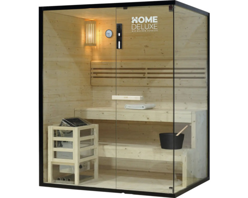 Sauna mit Holzbänken, Saunaofen und Glasfront