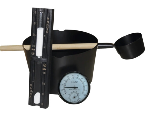 Saunaeimer mit Kelle, Thermometer und Sanduhr