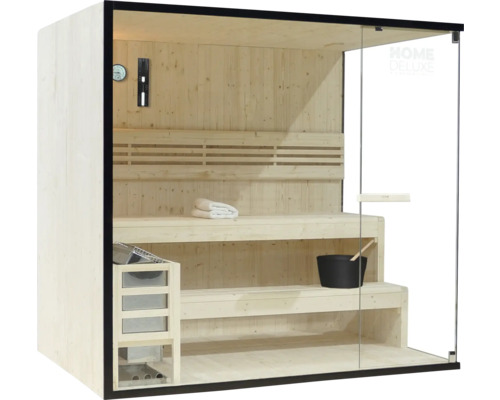 Sauna aus Holz mit Glastür und Innenausstattung